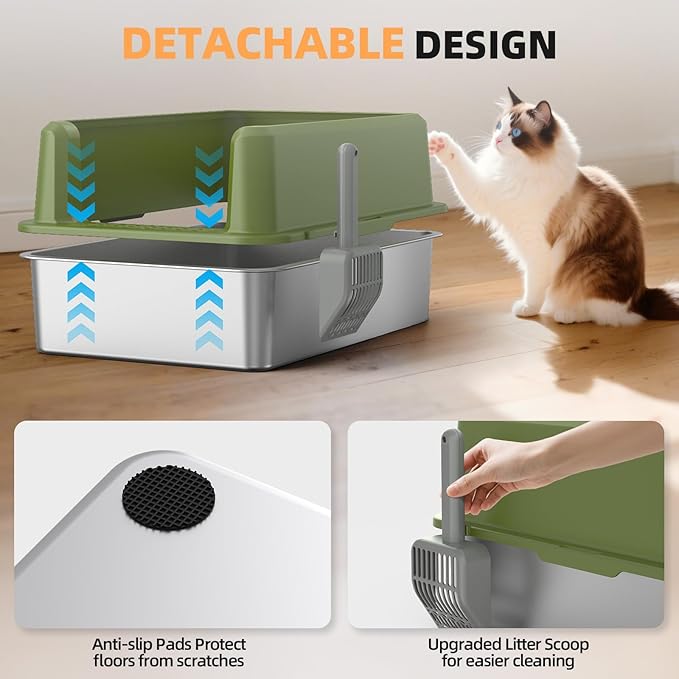 Enclosed Stainless Steel Cat Litter Box with Lid, XL Extra Large Litter Box for Big Cats, Metal Litter Pan High Sided, Never Absorbs Odors, Anti-Urine Leakage, Include Scoop (65-Green)