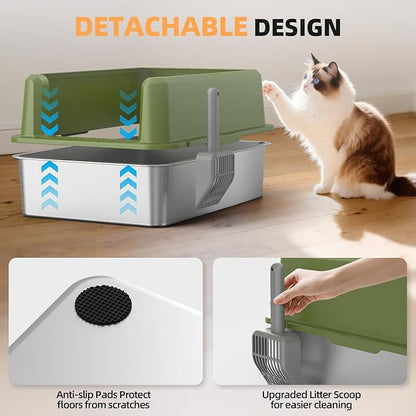 Enclosed Stainless Steel Cat Litter Box with Lid, XL Extra Large Litter Box for Big Cats, Metal Litter Pan High Sided, Never Absorbs Odors, Anti-Urine Leakage, Include Scoop (65-Green)