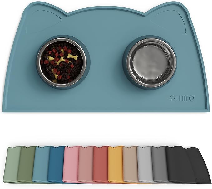 OHMO - Cat Food Mat, Silicone Pet Feeding Mat for Floor Non-Skid Waterproof Dog Water Bowl Tray, Easy to Clean Pet Placemat (Light Blue, 18 * 9.8'')