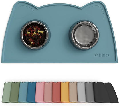 OHMO - Cat Food Mat, Silicone Pet Feeding Mat for Floor Non-Skid Waterproof Dog Water Bowl Tray, Easy to Clean Pet Placemat (Light Blue, 18 * 9.8'')