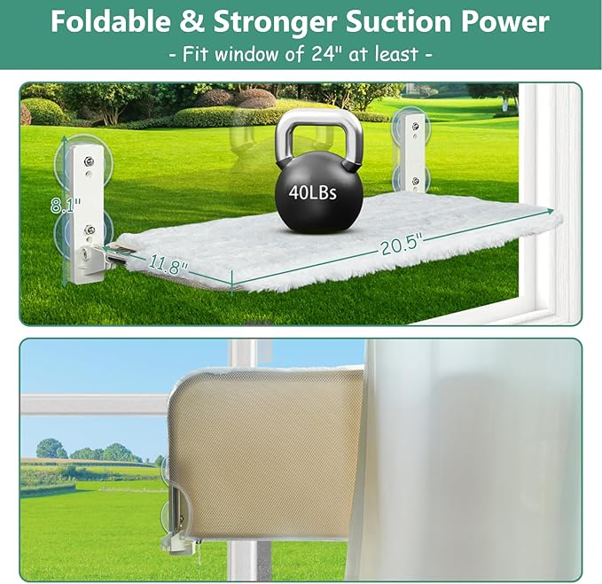 20inches Foldable Cat Window Perch for Indoor Cats, Cordless Cat Hammock Window Seat with 4 Suction Cups, Sturdy Steel Frame Window Hammock for Inside (Pad Bed - White)