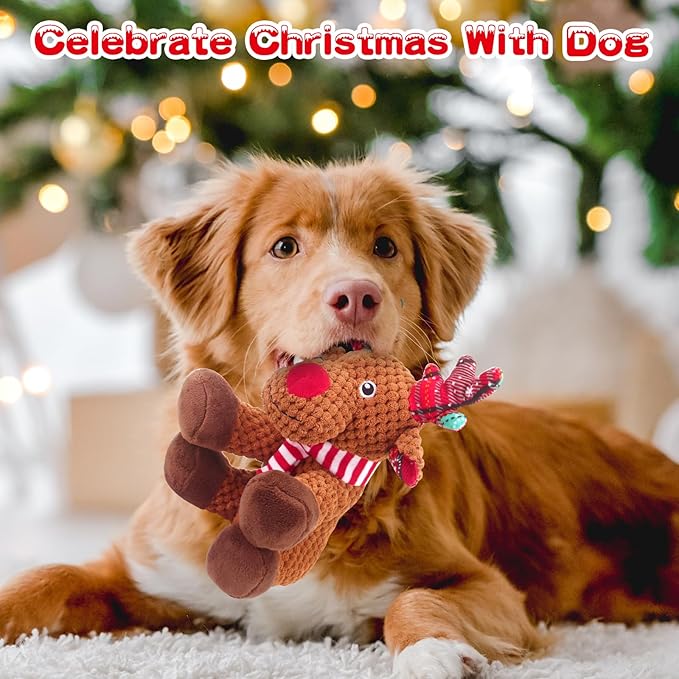 Christmas Dog Toys, Squeaky Dog Toys with Crinkle Paper, Interactive Plush Puppy Chew Toys, Cute Reindeer Dog Funny Toys, Dog Gifts for Small, Medium, Large Breed