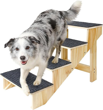 4-Step Dog Stairs for Large Dogs, Solid Wooden Dog Steps for Beds/Couch with Carpet, 24 Inches Anti-Slip Pet Stairs for High Beds, Ramp for Older/Senior Dogs, Pet Bed Stairs to Get on Bed/Sofa
