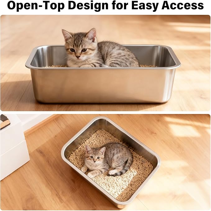 Stainless Steel Litter Box for Cats, Metal Cat Litter Box Non-Stick and Easy to Clean, High Sided Litter Pan for Kitten, Rabbit, and Small Pets