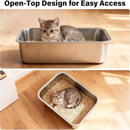 Stainless Steel Litter Box for Cats, Metal Cat Litter Box Non-Stick and Easy to Clean, High Sided Litter Pan for Kitten, Rabbit, and Small Pets