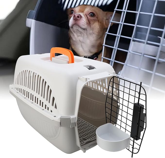 Plastic Pet Carrier, 18.9x12.6x12.6 inch Hard Sided Travels Cat Crate with Wire Door and Water Bowl Ventilation and Security Lock Design Portable Small Dog Kennel for Camping (Grey)