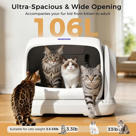 Robotail Self Cleaning Cat Litter Box,106L XXXL Extra-Large Space Automatic Cat Litter Box for Large Cats, Open Top Automatic Cat Box Self Cleaning with APP, Safety Sensor, Anti-Pinch Patent