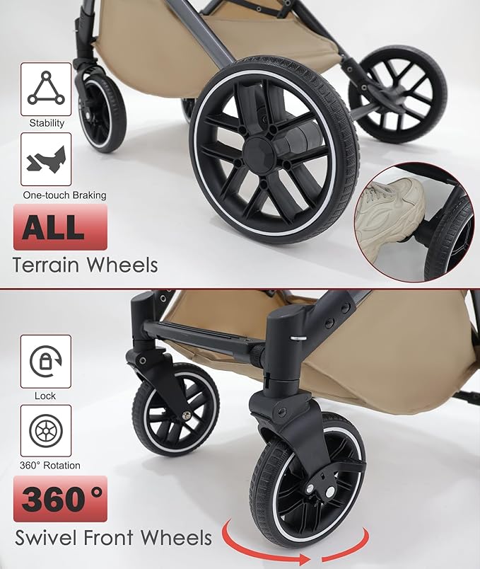 Small Dog Stroller, Pet Stroller for Small Dogs up to 55lbs- Fold All in One Without Detaching Carrier, Cat Stroller with Reversible Handle,Cup Holder (Khaki)