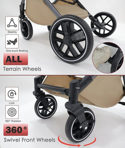 Small Dog Stroller, Pet Stroller for Small Dogs up to 55lbs- Fold All in One Without Detaching Carrier, Cat Stroller with Reversible Handle,Cup Holder (Khaki)