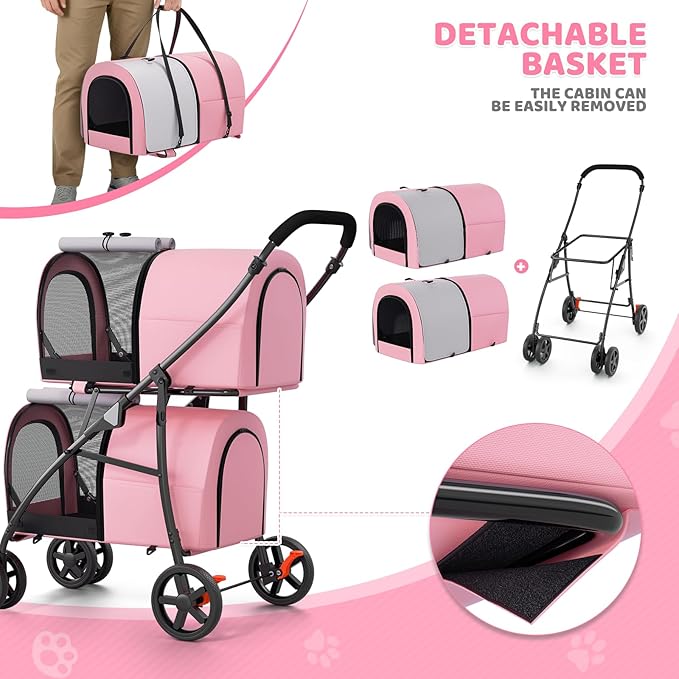 Magshion Double Dog Stroller with 2 Detachable Carrier Bags, 4-Wheel Folding Pet Travel Strolling Cart with Storage Pocket for Small-Medium Dogs & Cats Puppy, Pink Gray, Pink