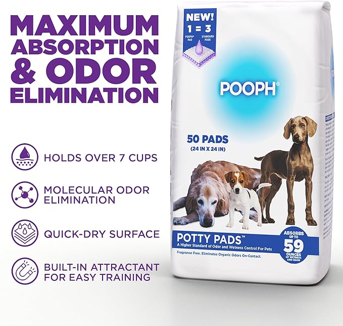POOPH® Potty Pads™ – 50 Count – Superior Absorbency & Odor Control – Absorbs 59oz, Leak-Proof, Track-Proof, Spill-Proof – Quick-Dry, Disposable, 24x24 Inch – for Puppies, Seniors, Housebound Pets