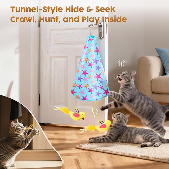 Interactive Cat Toy for Indoor Cats: 2 in1 Automatic Hide and Seek Moving Concealed Flying Bird Wand Feather with Chirping Bird Squeaky, Hanging Rechargeable Exercise Cat Toy for Kittens and Adult Cat
