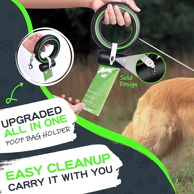 UFO Retractable Dog Leash Hands Free Wearable Dog Leash with Poop Bag Holder One-Handed Brake Pause Lock 360° Tangle Free 10ft for Up to 66lbs Medium Small Dogs (Black/Green)