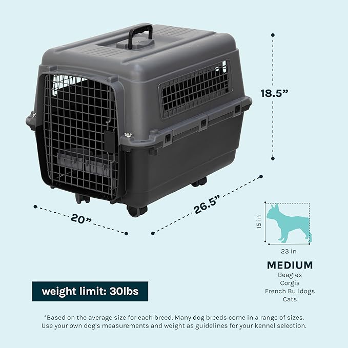 SportPet Airline Compliant MEDIUM 24.25" Travel Dog Kennel-Durable Plastic Airline Pet Carrier w/ Removable Wheels & Food Bowls, Collapsible Indoor/Outdoor Dog Kennel, Dogs up to 23"L & 15"H-Dark Gray
