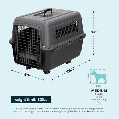 SportPet Airline Compliant MEDIUM 24.25" Travel Dog Kennel-Durable Plastic Airline Pet Carrier w/ Removable Wheels & Food Bowls, Collapsible Indoor/Outdoor Dog Kennel, Dogs up to 23"L & 15"H-Dark Gray