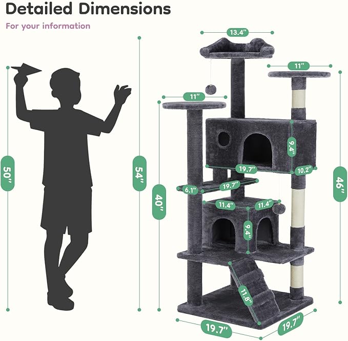 DUMOS 54-inch Indoor Cat Tree Tower –Multi-Level Pet House for Large Cats with 2 Condos, Scratching Posts, Round Platform, Small Ladder, and Toys – Perfect for Cats of All Ages, Dark Grey