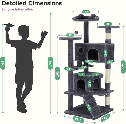 DUMOS 54-inch Indoor Cat Tree Tower –Multi-Level Pet House for Large Cats with 2 Condos, Scratching Posts, Round Platform, Small Ladder, and Toys – Perfect for Cats of All Ages, Dark Grey