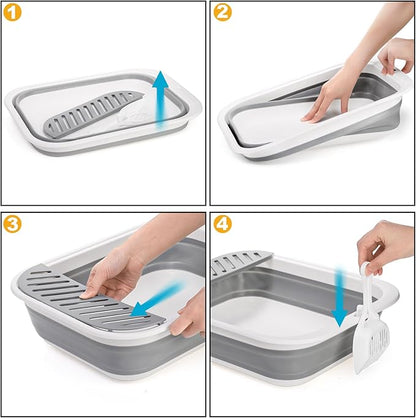 Collapsible Small Cat Litter Box, 17.7'' Open Foldable Kittens Potty with Scoop, Shallow Anti Splash Travel Cat Toilet, Semi Enclosed Height Adjustable Sides Litter Pan for Sick Frail Cat Grey