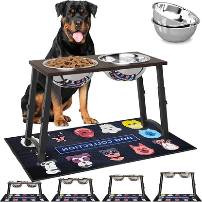 Elevated Dog Bowls with Spill-Proof Mat, 4 Adjustable Heights (for Large & Extra Large Breeds), Includes Two 3000ML Stainless Steel Bowls for Food & Water