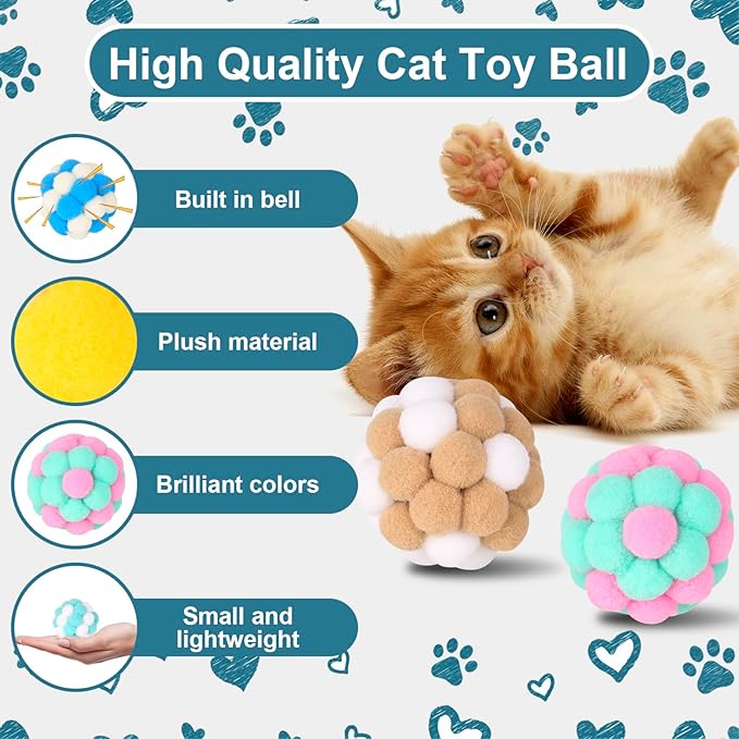 Cat Toys Balls 6 Pieces with Bells 5cm Soft Cat Pom Poms Balls Cats Interactive Ball Toy for Cats Kitten Indoor Outdoor Playing Chewing Scratching