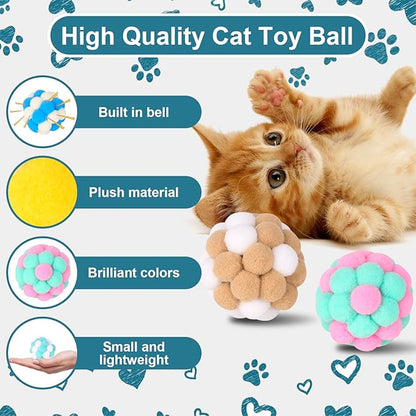 Cat Toys Balls 6 Pieces with Bells 5cm Soft Cat Pom Poms Balls Cats Interactive Ball Toy for Cats Kitten Indoor Outdoor Playing Chewing Scratching