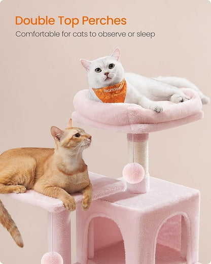 Feandrea Cat Tree, 44.1-Inch Cat Tower, Plush Multi-Level Condo with 4 Scratching Posts, 2 Perches, Hammock, Cave, Jelly Pink UPCT261P01