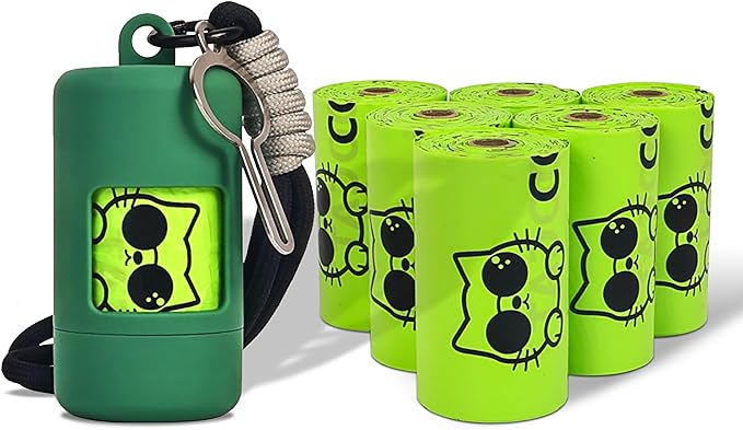 Dog Poop Bags with Dispenser & Holder, Guaranteed Leak Proof, Unscented Extra Thick Heavy Duty Tear-resistant 18-Micron Waste Bag Refill Rolls (Green (105-Bags, 1-Dispenser))