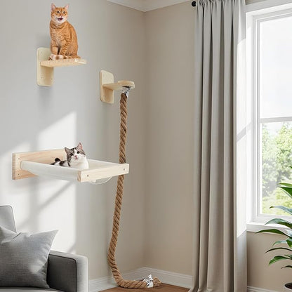 Weysat 3 Pcs Cat Wall Hammock Mounted Shelves with 4.92 ft Climbing Rope Steps and 15.8 x 11.8 Inch Cat Bed Kitten Tree Scratching Rope Climbing Tower Wall Shelves Perch Pet Furniture for Playing Rest