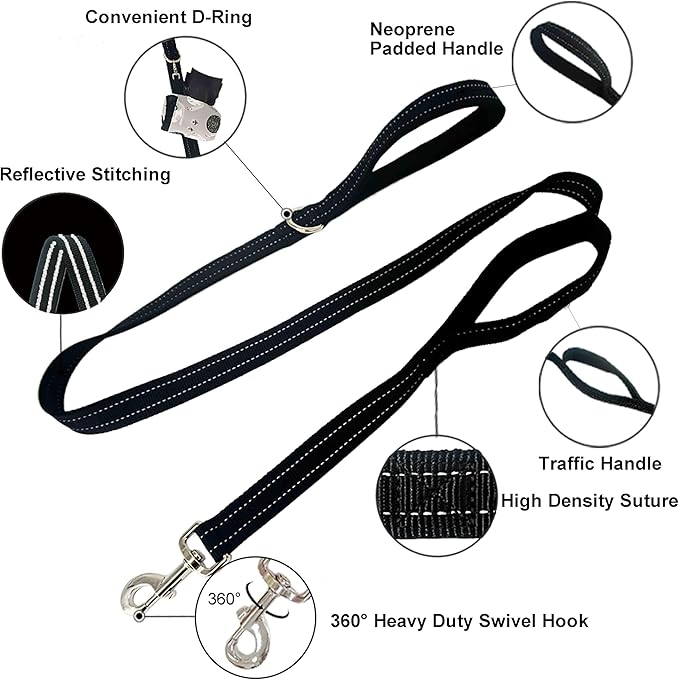 Dual Padded Handle Standard Dog Leashes with Reflective Stitching,360° Rotatable Heavy Duty Metal Buckle,D-Ring,Durable Nylon,for Medium Sized Dogs from 20 to 60 Pounds Walking and Training Black 5Ft