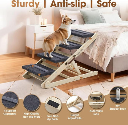 Dog Steps for Bed & Couch - 2-in-1 Dog Stairs/Ramp for Small to Large Breeds - 6 Adjustable Height from 12" to 24" - Folding Portable Wooden Ramp for Dogs to Get on Bed Couch Car Up to 200LBS