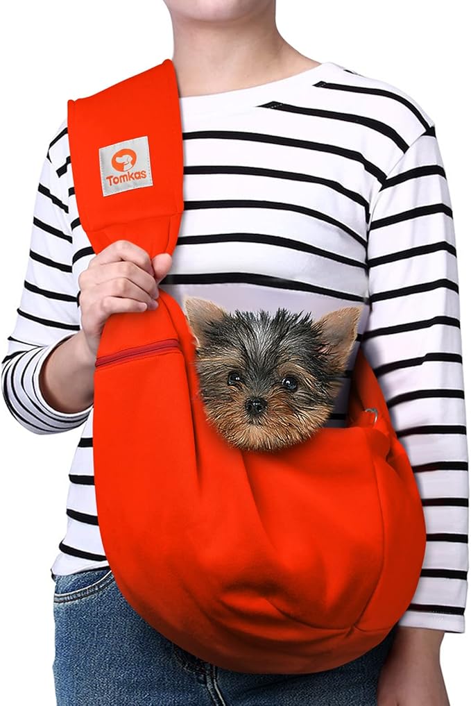 Tomkas Small Dog Cat Sling Carrier Puppy Purse Travel Wrap Soft Crossbody Pet Bag (Red, M - Zip Pocket & Adjust Strap)
