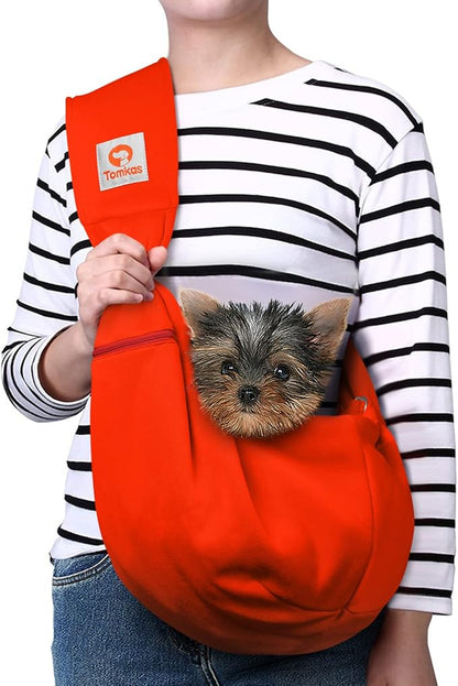 Tomkas Small Dog Cat Sling Carrier Puppy Purse Travel Wrap Soft Crossbody Pet Bag (Red, M - Zip Pocket & Adjust Strap)