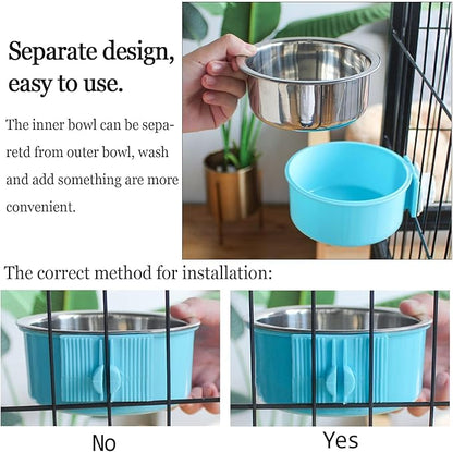 kathson Crate Dog Bowl, Removable Stainless Steel Hanging Pet Cage Bowl Food & Water Feeder Coop Cup for Cat, Puppy, Birds, Rats, Guinea Pigs (6 PCS, Size: L, 2×Blue,2×Green,2×Pink)