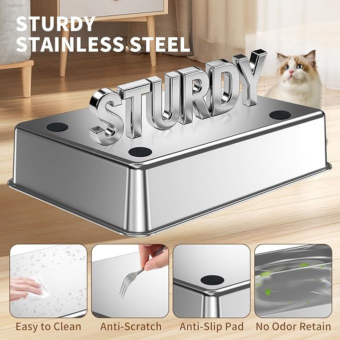 XXXXL Stainless Steel Litter Box with Lid,28.0" L × 20" W × 17" H Extra Large High Sided Cat Litter Box for Multi -Cats,Enclosed Metal Litter Box with Cat Scratcher and Scoop,Grey