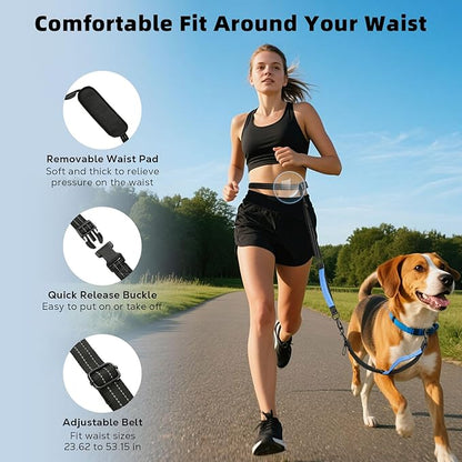 Hands Free Dog Leash, Waist Leash for Dog Walking 2 Dogs, Double Hands Free Lead with Detachable Waist Pad, Padded Handles, Shock Absorbing Bungee for Walking Jogging Hiking, Blue&Black