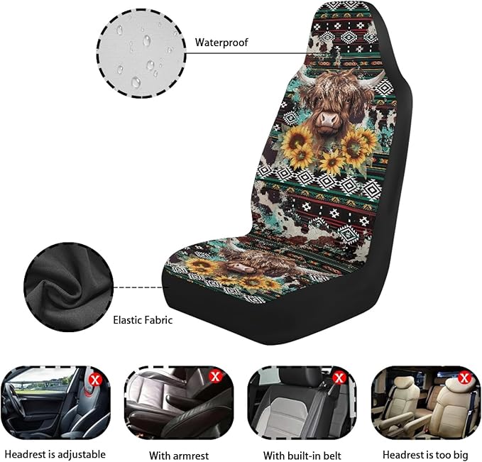 Car Seat Covers Waterproof Vintage Aztec Highland Cow Front Seat Covers Elastic Fabrics Easy Installation Protection Interior Accessories Suitable for Cars, SUV and Trucks
