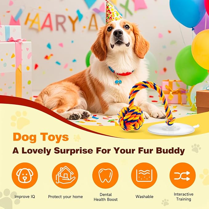 Interactive Dog Toys with Strong Gel Suction Cup, Durable Rope & Chew Ball, Dog Toys for Aggressive Chewers, Tug of War Dog Toy, for Small to Medium Dogs, Orange