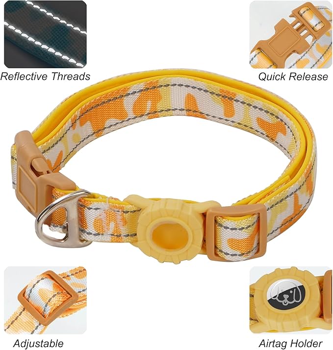 JSXD Dog Leash and Collar Set with AirTag Holder for Small Medium Large Dogs,5 FT Double Rope Leashes with Adjustable Reflective Soft Padded Nylon Pet Collars (Yellow, Small)