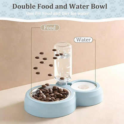 Double Dog Cat Bowls, Pets Food and Water Bowl Set with Automatic Water Dispenser and Stainless Steel Bowl Silicone Dog Bowl Mat, Gravity Feeder for Cats and Small Dogs Puppies (Sky Blue)