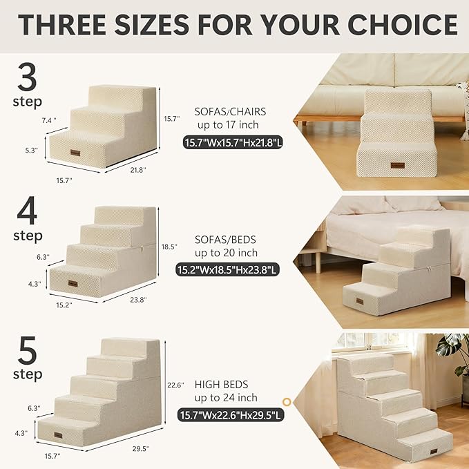 Dog Stairs for Small Dogs, 3-Step Wider Pet Stairs for Couch and Beds, Non-Slip Dog Steps for Old Cats, Puppy, Small Medium Dogs,15.7" H,Beige
