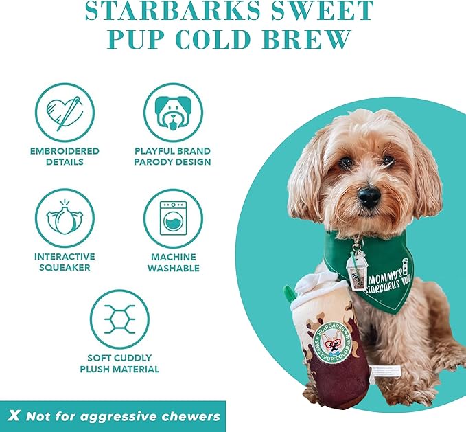 Haute Diggity Dog Starbarks Sweet Pup Cold Brew, Plush Designer Dog Toys with Interactive Squeaker, Stimulating Pet Enrichment, Machine-Washable & Safe Materials for All Breeds, One Size