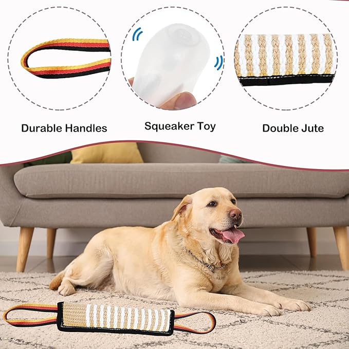 ASOCEA Dog Tug Toy,Bite Jute Pillow Pull Toy Tough Squeaky Dog Toys with 2 Handles for Medium to Large Dogs Interactive Toy Tug of War Lasting Training Equipment