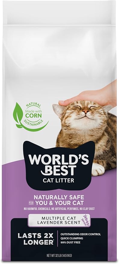 WORLD'S BEST CAT LITTER Multiple Cat Lavender Scented 32-Pounds - Natural Ingredients, Quick Clumping, Flushable, 99% Dust Free & Made in USA - Calming Fragrance & Long-Lasting Odor Control