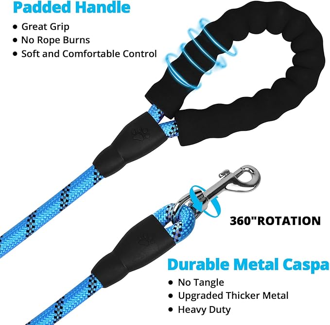 Rope Dog Leash 6 FT: Heavy Duty Leashes with Swivel Lockable Hook Reflective Threads Bungee and Padded Handle - Dog Lead for Large Small Medium Dogs Outside Walking Hiking Blue