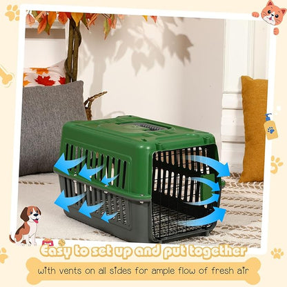 2 Set Travel Pet Carriers for Small Cat Dog Plastic Hard Shell Carrier Cat with Bowl Wire Door Grille Mat Portable Breathable Security Lock Puppy Kennel for Travel Airline, 17.5", up to 13lbs(Green)