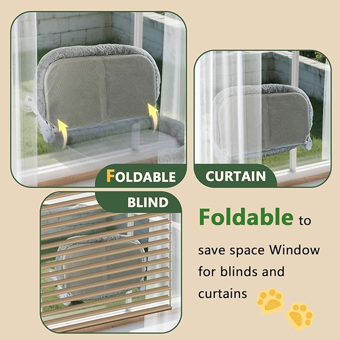Cat Window Perch with 6 Strong Suction Cups,Mats that can be Switched Between Winter and Summer,Foldable Cordless Cat Beds Can Bear to 50LBS Weight (Grey)