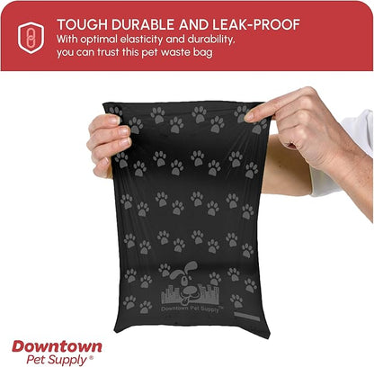 Downtown Pet Supply Poop Bags for Dogs with Dispenser, 220 Count - Leak-Proof Dog Waste Bags and Bone-Shaped Dog Poop Bags Holder for Leash - Black with Paw Prints, 12.5" x 8.5"