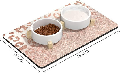 Rnivvi Dog Food Mat, 12" x 19" Leopard Absorbent Dog Cat Bowl Mat for Food and Water, Cute Anti-Slip Rubber Pet Feeding Rug Protect Floors, Puppy Placemat for Feeding & Watering Supplies, Rose