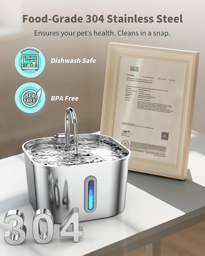 Cat Water Fountain Stainless Steel, 74oz/2.2L Cat Fountain with Quiet Pump, Automatic Pet Water Dispenser, Ideal for Multi-pet Homes, Fresh & Clean Water for Cats and Dogs