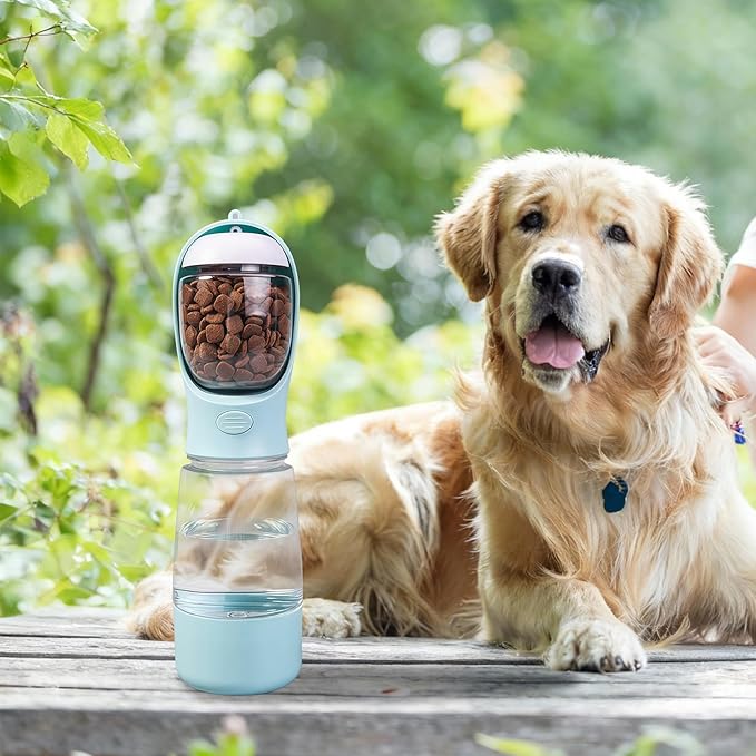 3-in-1 Dog Water Bottle Portable Leak Proof Pet Water Dispenser with Built-in Snack Storage & Waste Bag Holder 14oz for Outdoor Walking, Hiking Travel Blue